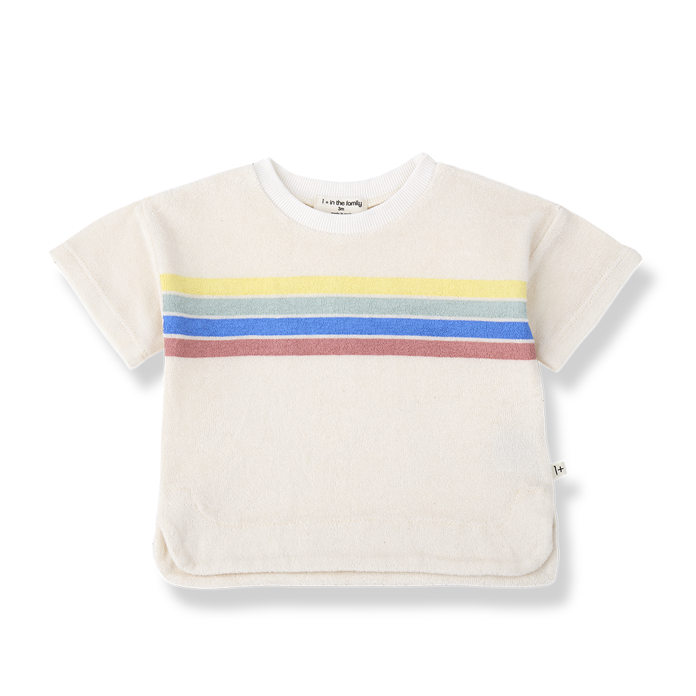 cremeweißes Frottee T-Shirt für Babys aus Baumwollgemisch mit vier bunten Querstreifen auf Höhe der Brust, Produktbild, Ansicht von vorne