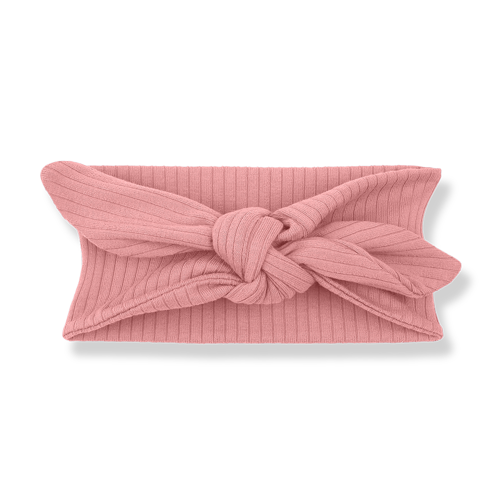 rosafarbenes Stirnband für Baby-Mädchen aus Baumwolle und Elasthan in gerippter Jersey-Qualität und mit dekorativer Schleife auf der Vorderseite, Produktbild, Ansicht von vorne