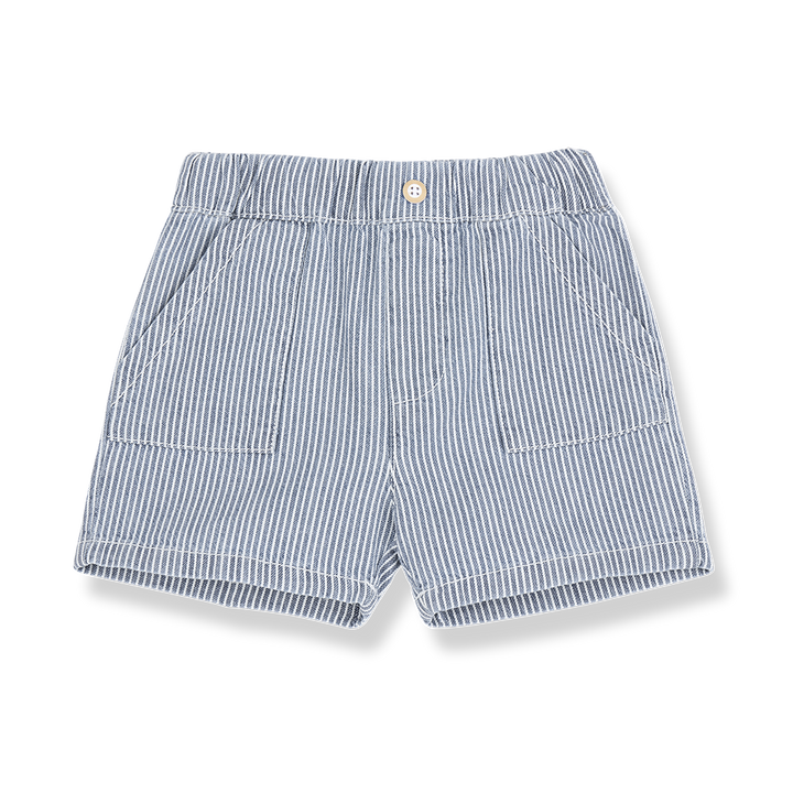 blaue Jeans-Shorts für Babys aus 100% Baumwolle mit weißen vertikalen Streifen, Gummibund, aufgesetzten Seitentaschen und einer Gesäßtasche auf der rechten Seite, Produktbild, Ansicht von vorne