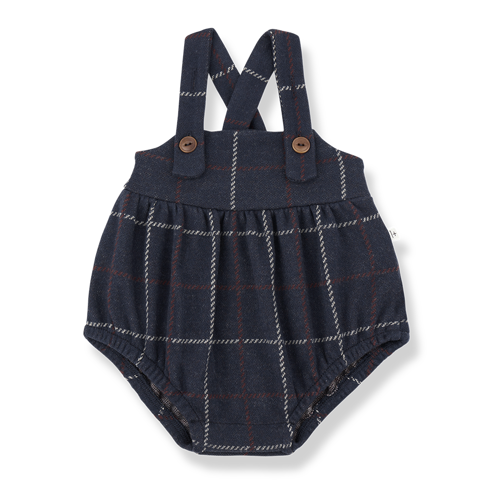 Strampler für Babys aus Baumwolle und Polyester in dunkelblau mit Karo-Muster und Knöpfen