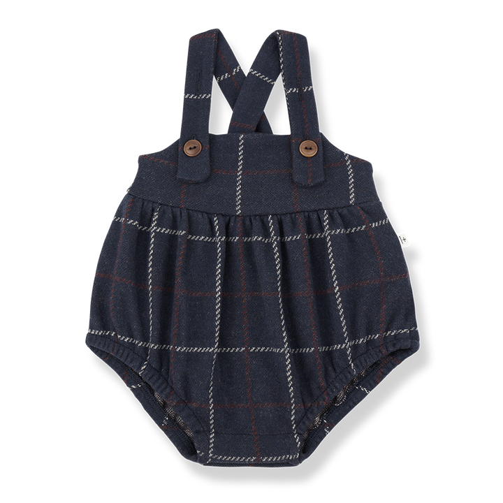Strampler für Babys aus Baumwolle und Polyester in dunkelblau mit Karo-Muster und Knöpfen