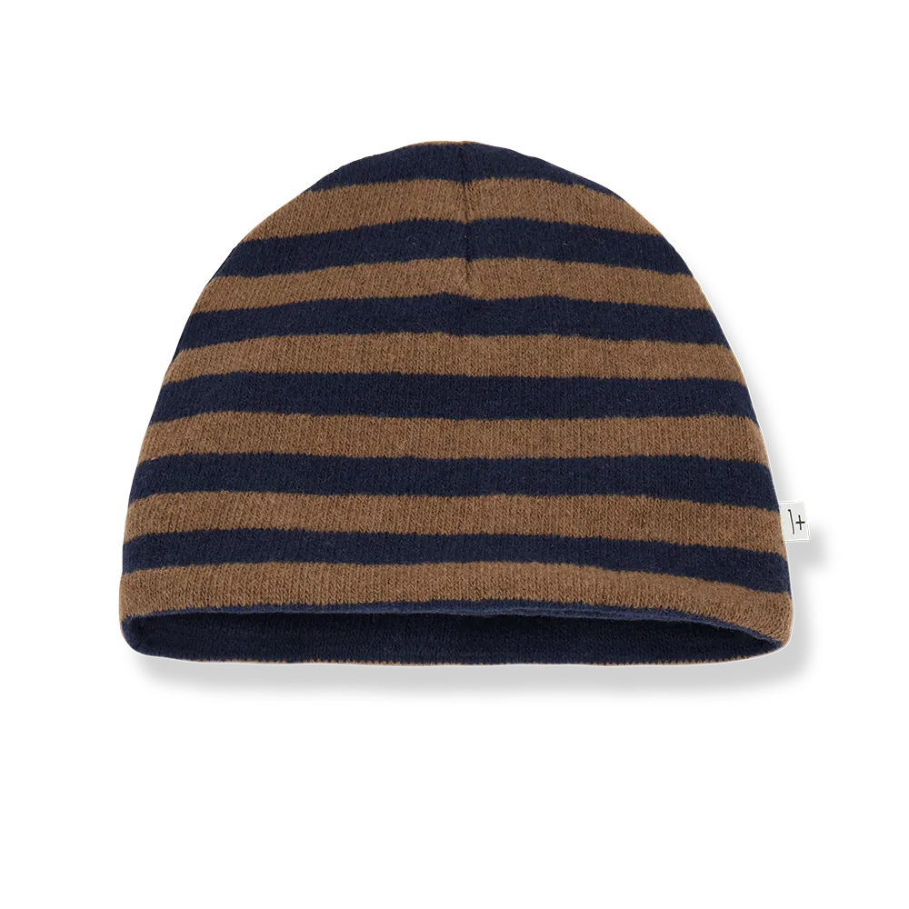 Mütze für Jungen aus Baumwoll-Fleece im Blockstreifenmuster kastanienbraun und dunkelblau zum Wenden