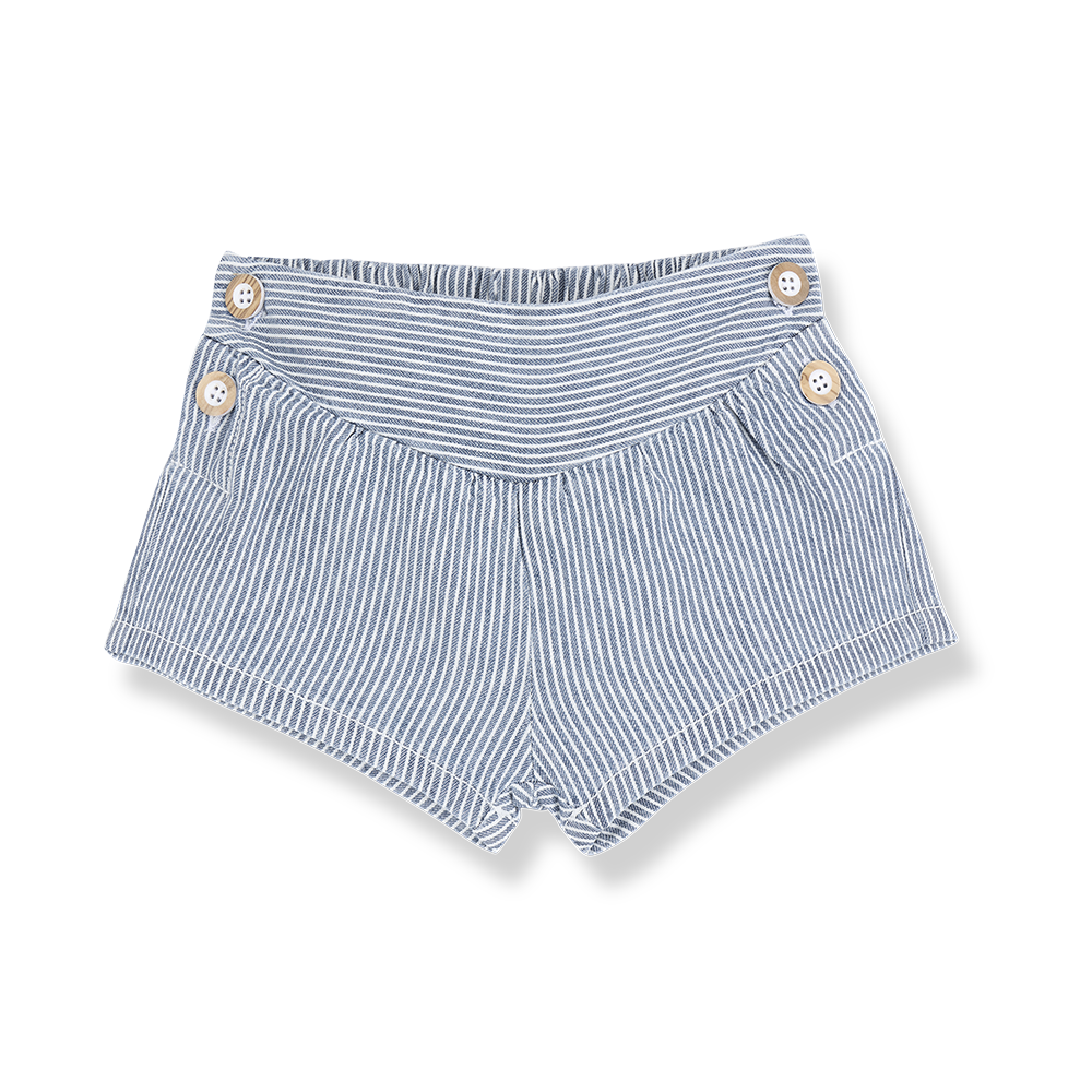 blaue Shorts für Baby-Mädchen aus 100% Baumwolle mit weißen vertikalen Streifen, breitem, feminimem Bund und zwei Knöpfen auf jeder Seite für leichtes An- und Ausziehen, Produktbild Ansicht von vorne