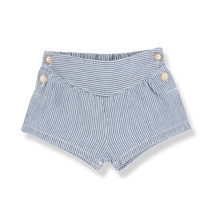 blaue Shorts für Baby-Mädchen aus 100% Baumwolle mit weißen vertikalen Streifen, breitem, feminimem Bund und zwei Knöpfen auf jeder Seite für leichtes An- und Ausziehen, Produktbild Ansicht von vorne