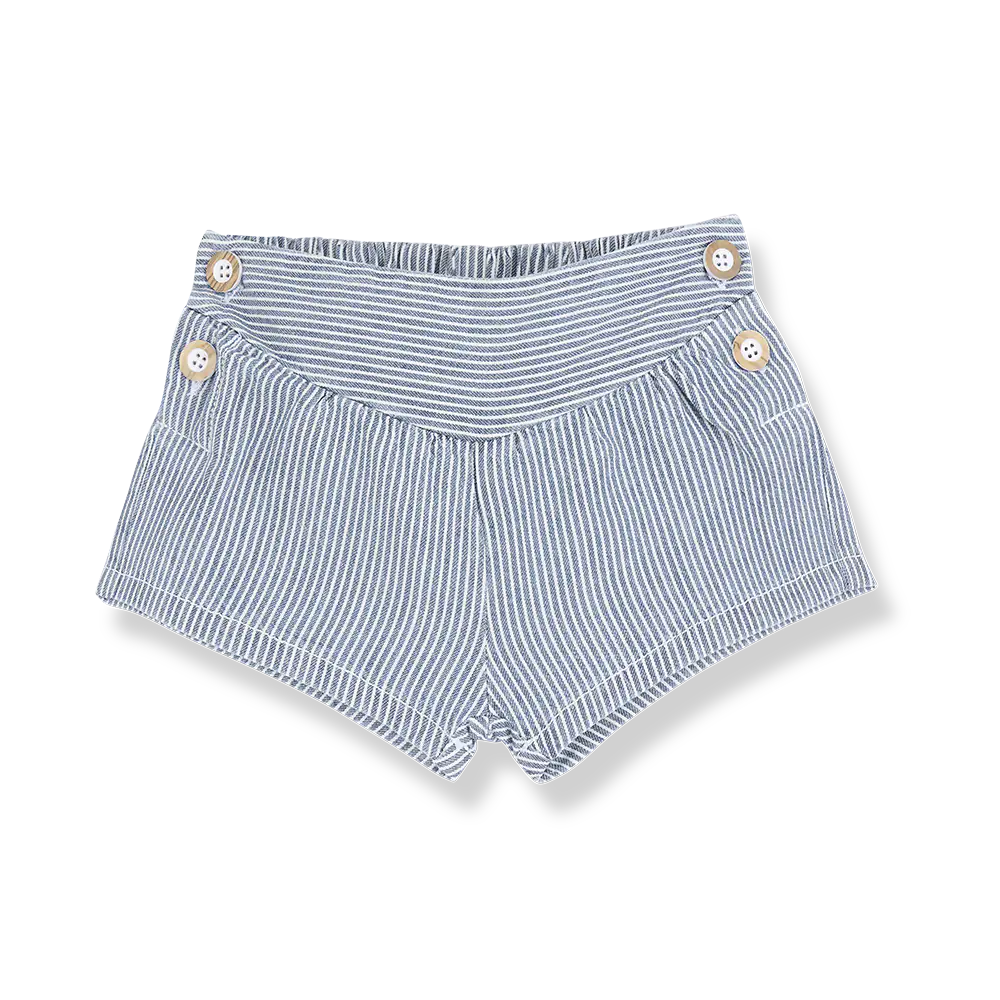 blaue Shorts für Baby-Mädchen aus 100% Baumwolle mit weißen vertikalen Streifen, breitem, feminimem Bund und zwei Knöpfen auf jeder Seite für leichtes An- und Ausziehen, Produktbild Ansicht von vorne