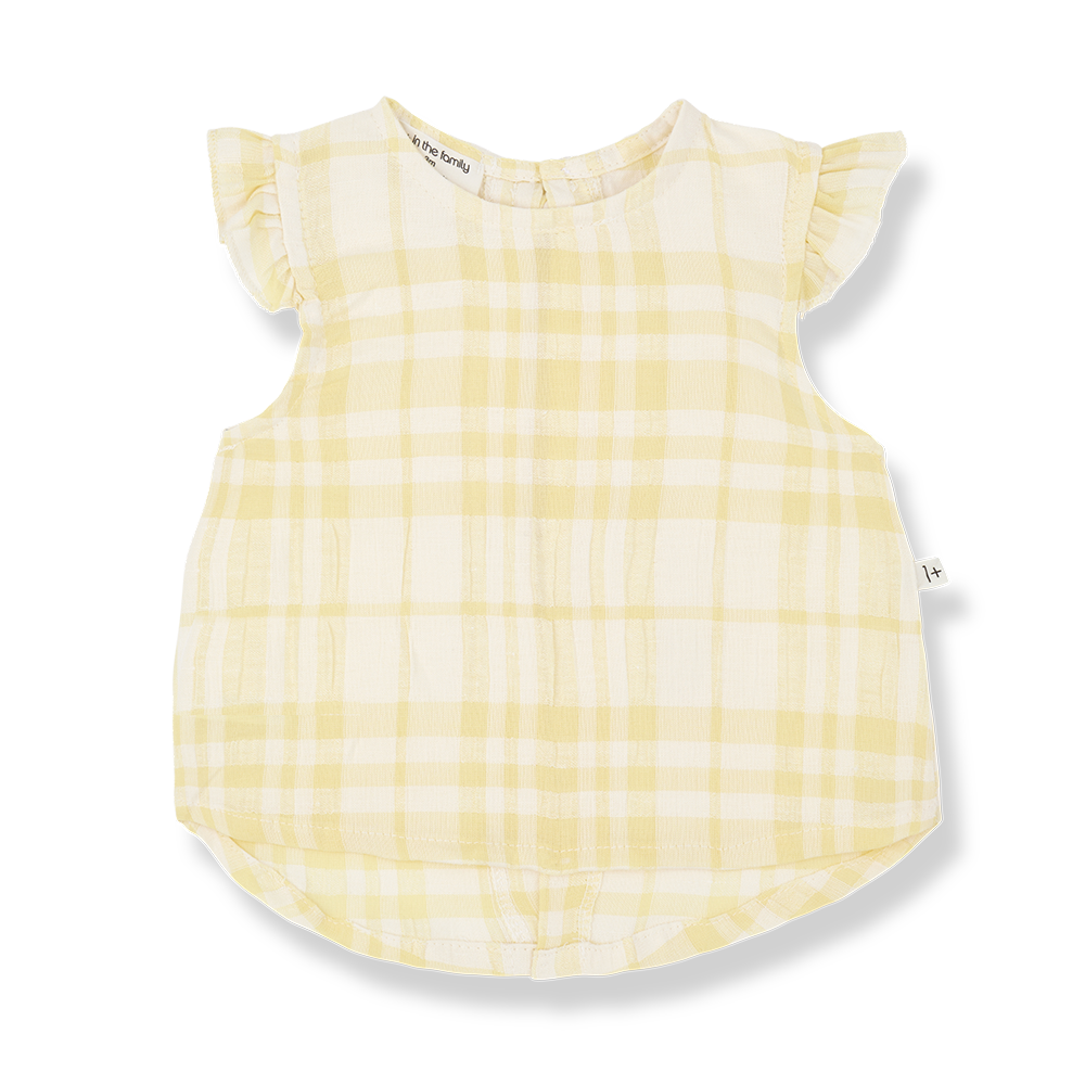 Hellgelb-weiß kariertes, ärmelloses Blusen-Top für Mädchen aus Baumwoll-Leinen-Gemisch mit Flügelärmchen, Rundhalsausschnitt und zwei Schleifen auf dem Rücken, Produktbild, Ansicht von vorne