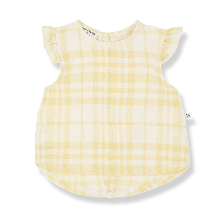 Hellgelb-weiß kariertes, ärmelloses Blusen-Top für Mädchen aus Baumwoll-Leinen-Gemisch mit Flügelärmchen, Rundhalsausschnitt und zwei Schleifen auf dem Rücken, Produktbild, Ansicht von vorne