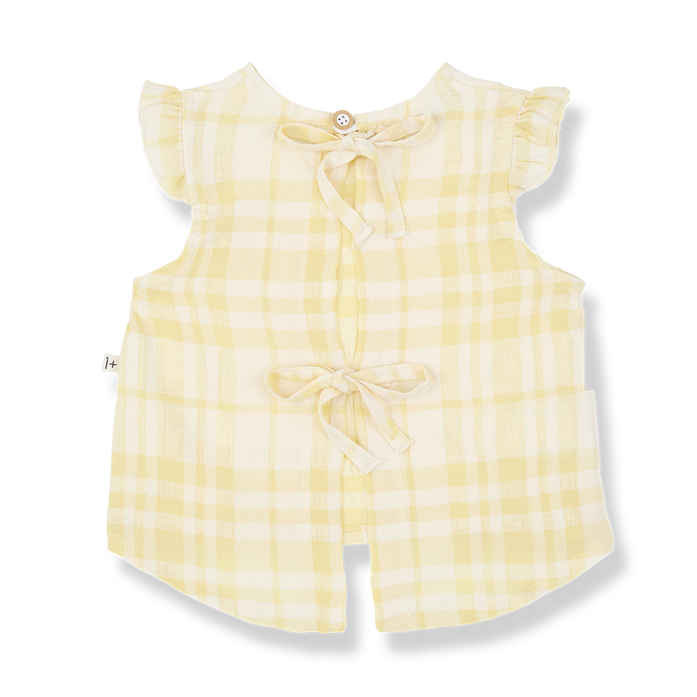 1+ in the family Ferrosa lemon Produktbild, Ansicht von hinten, ein Knopf im Nacken und zwei Schleifen auf dem Rücken zum Zubinden