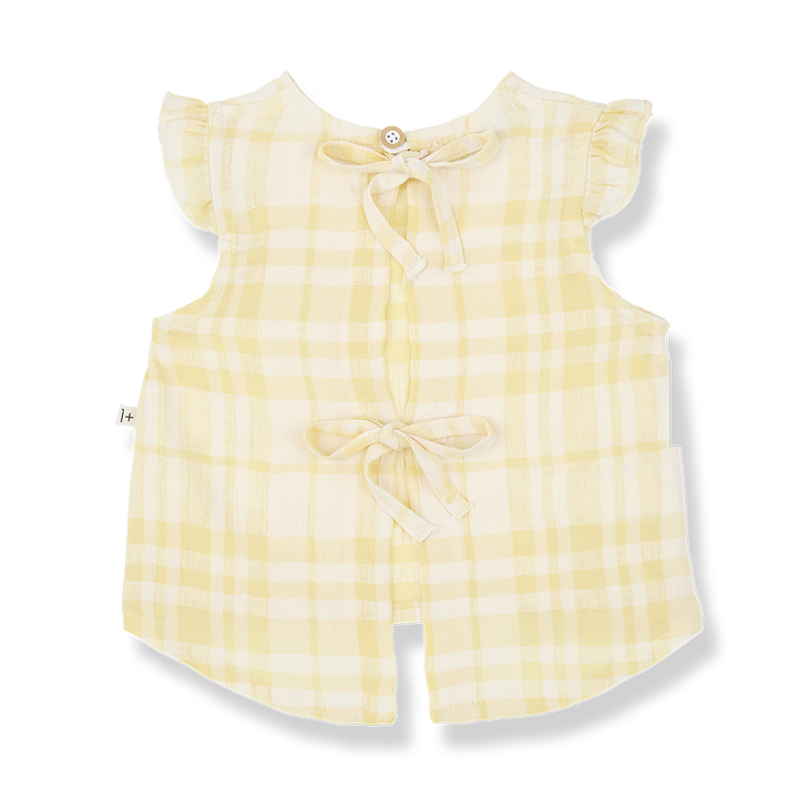 1+ in the family Ferrosa lemon Produktbild, Ansicht von hinten, ein Knopf im Nacken und zwei Schleifen auf dem Rücken zum Zubinden