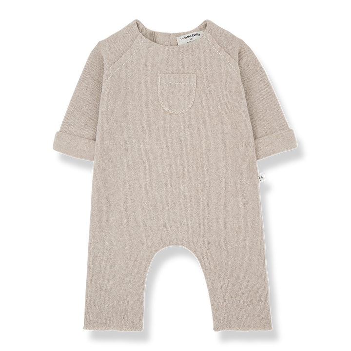 Jumpsuit für Babys aus Baumwoll-Fleece in beige mit langem Arm und Bein und Druckknöpfen an den Beinen
