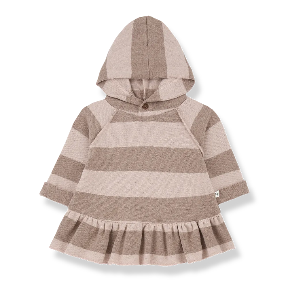 Kleid für Mädchen aus Baumwoll-Fleece in Blockstreifen hellrosa und beige mit Kapuze und ausgestelltem Saum