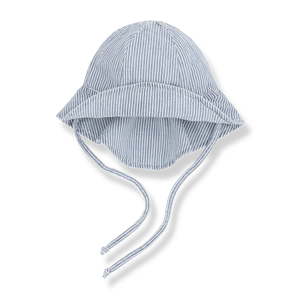 blauer, leichter Jeans-Sonnenhut für Babys aus 100% Baumwolle mit weißen Streifen, mit Nackenschutz und Binde-Bändern, Produktbild, Ansicht von vorne
