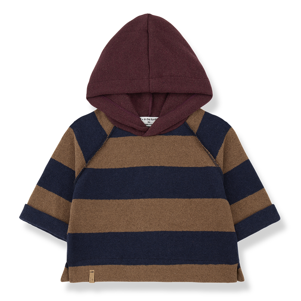 Kapuzenpullover für Babys und Jungen aus Baumwoll-Fleece im Blockstreifen-Muster in kastanienbraun und dunkelblau mit weinroter Kapuze