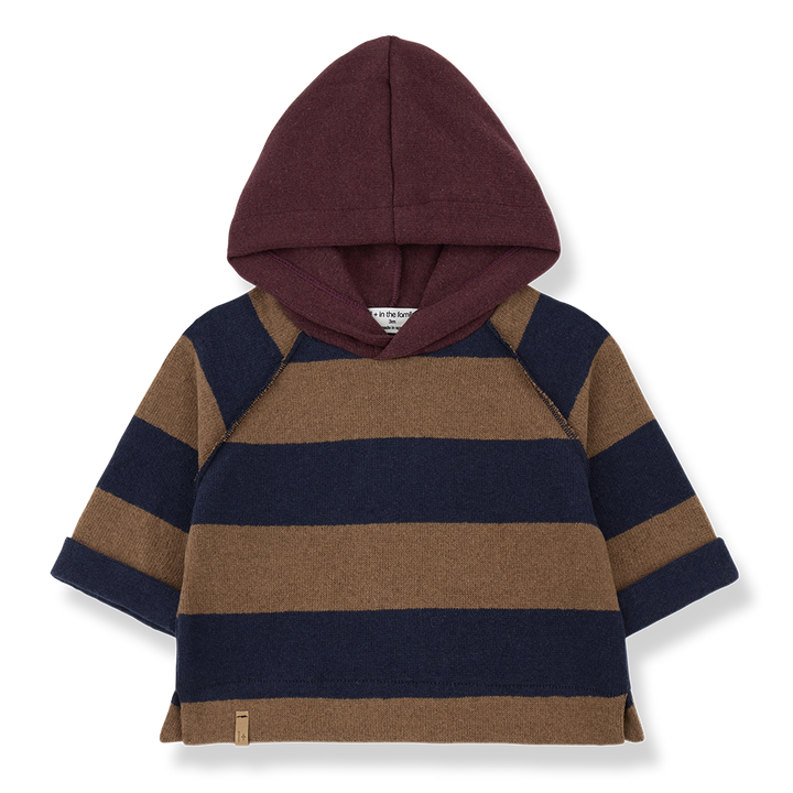 Kapuzenpullover für Babys und Jungen aus Baumwoll-Fleece im Blockstreifen-Muster in kastanienbraun und dunkelblau mit weinroter Kapuze