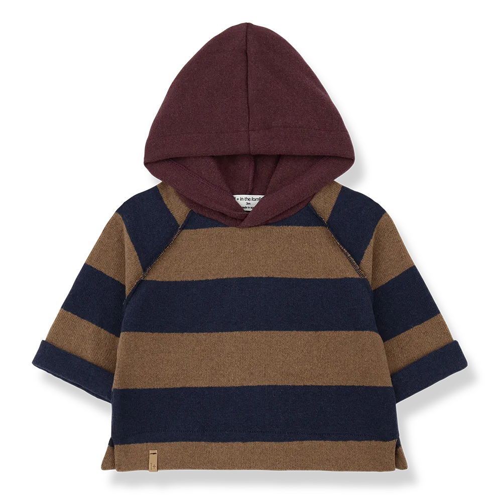 Kapuzenpullover für Babys und Jungen aus Baumwoll-Fleece im Blockstreifen-Muster in kastanienbraun und dunkelblau mit weinroter Kapuze