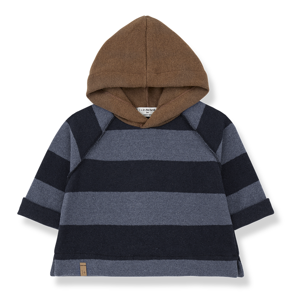 Kapuzenpullover für Jungen aus Baumwoll-Fleece mit Blockstreifen-Muster in hell- und dunkelblau und brauner Kapuze