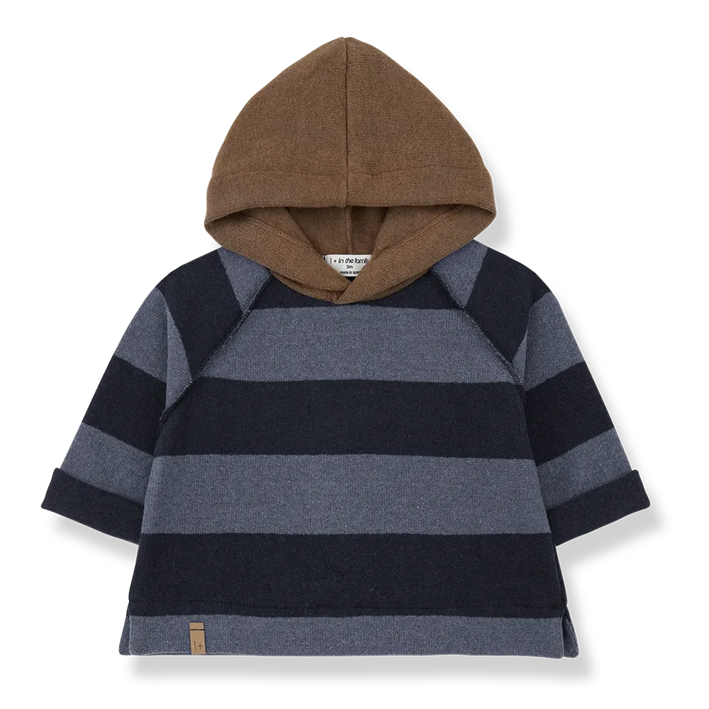 Kapuzenpullover für Jungen aus Baumwoll-Fleece mit Blockstreifen-Muster in hell- und dunkelblau und brauner Kapuze