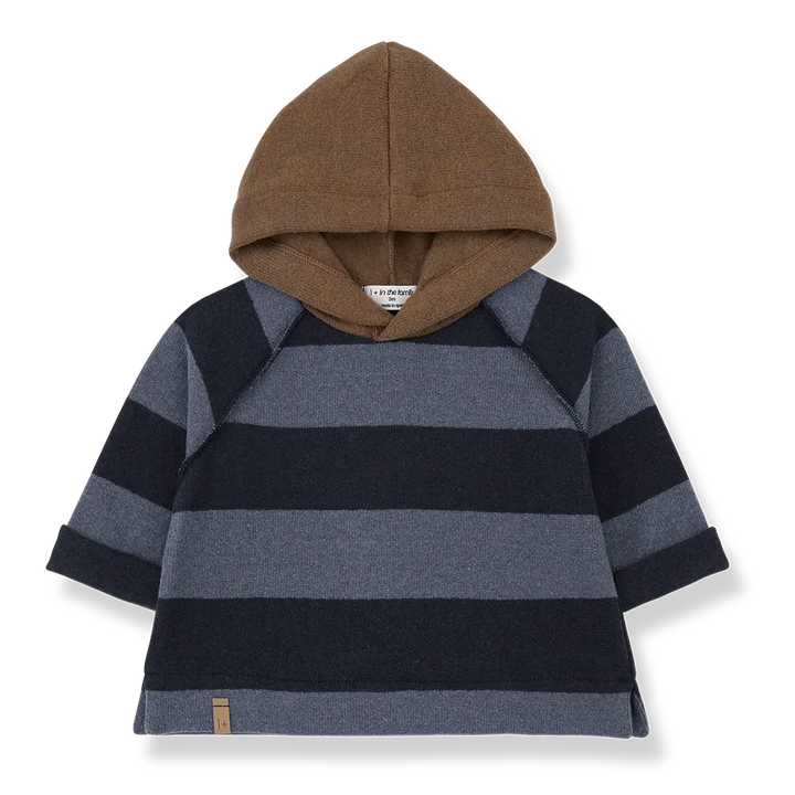 Kapuzenpullover für Jungen aus Baumwoll-Fleece mit Blockstreifen-Muster in hell- und dunkelblau und brauner Kapuze
