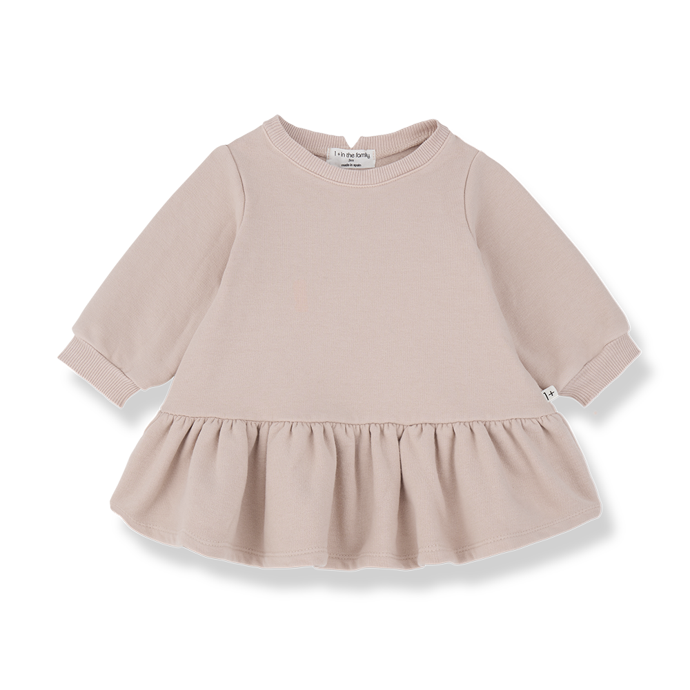 Rosafarbenes Kleid für Babys und Kleinkinder mit langen Ärmeln aus 98% Baumwolle und 2% Elasthan (Softfleece) im Sweatshirt-Look. Ausgestellter Rock ab der Hüfte. Produktbild, Ansicht von vorne.