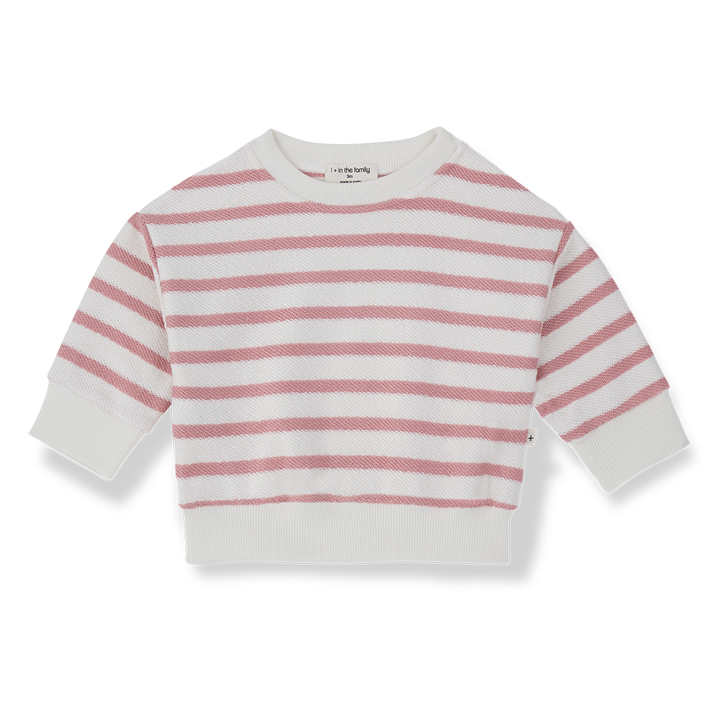 weißes Sweatshirt für Babys aus 100% Baumwolle mit dunkelrosafarbenen Querstreifen in weichem French Fleece und mit gerippten Bündchen, Produktbild, Ansicht von vorne