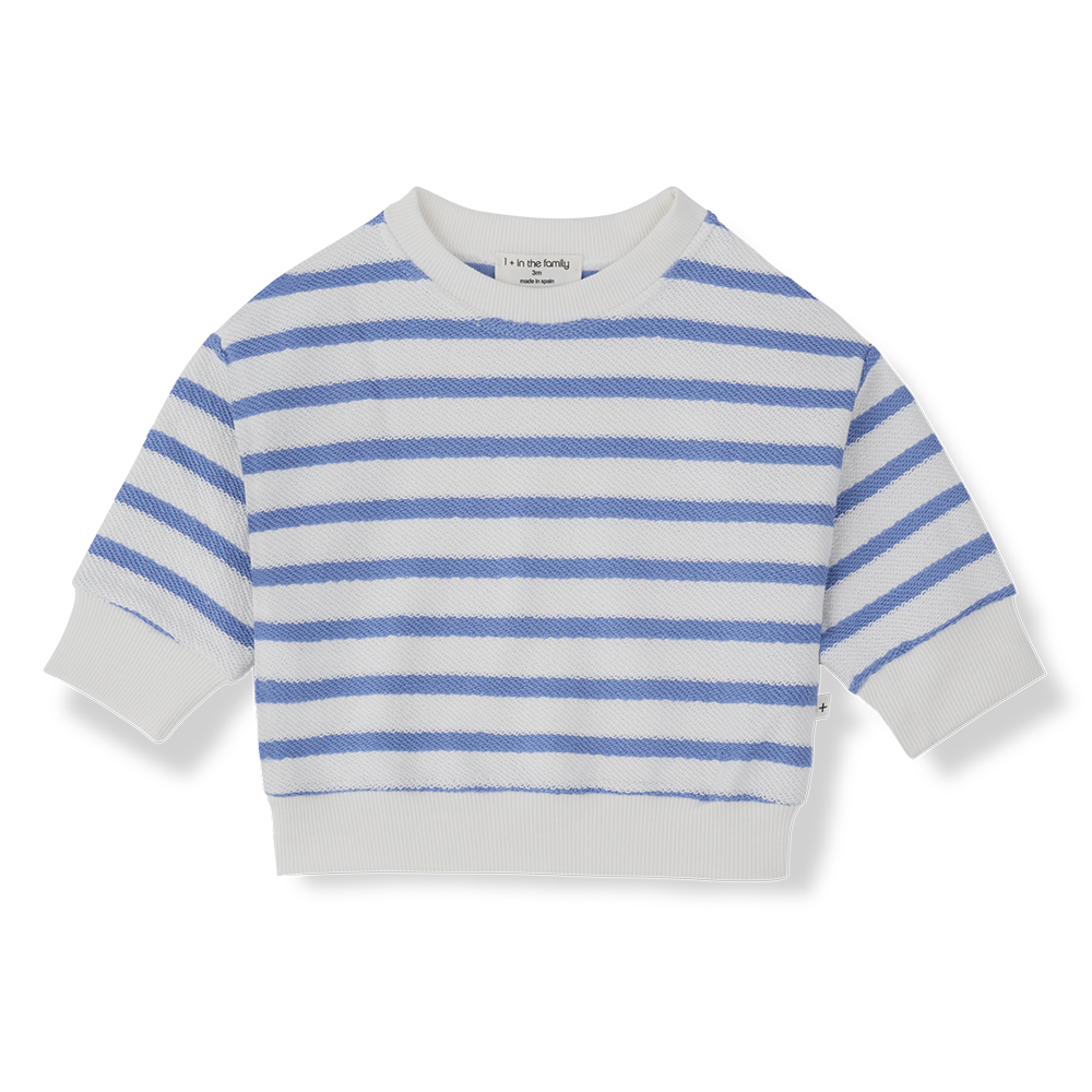 weißes Frottee-Sweatshirt für Babys aus 100% Baumwolle mit blauen Querstreifen und gerippten Bündchen, Produktbild, Ansicht von vorne