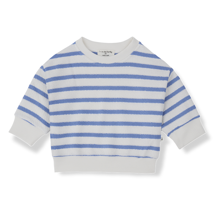 weißes Frottee-Sweatshirt für Babys aus 100% Baumwolle mit blauen Querstreifen und gerippten Bündchen, Produktbild, Ansicht von vorne