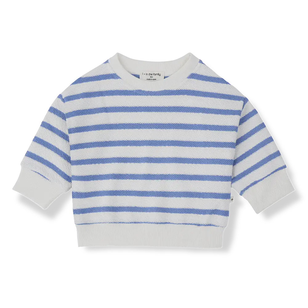 weißes Frottee-Sweatshirt für Babys aus 100% Baumwolle mit blauen Querstreifen und gerippten Bündchen, Produktbild, Ansicht von vorne