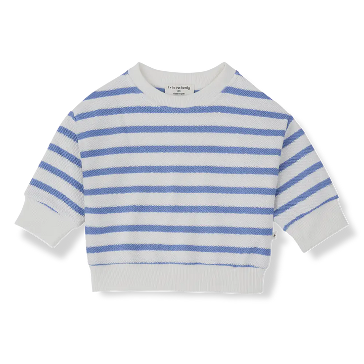 weißes Frottee-Sweatshirt für Babys aus 100% Baumwolle mit blauen Querstreifen und gerippten Bündchen, Produktbild, Ansicht von vorne