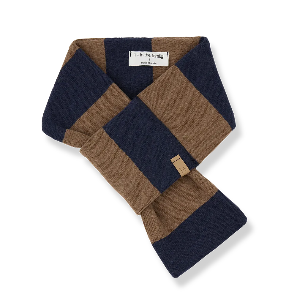 Schlaufen-Schal für Babys aus Baumwoll-Fleece im Blockstreifen-Muster in kastanienbraun und dunkelblau