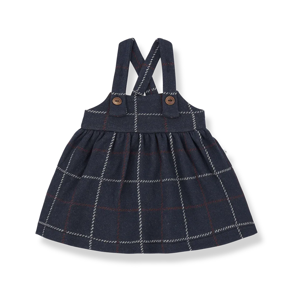 Latzkleid für Babys und Kleinkinder aus Baumwolle und Polyester in dunkelblau mit Karo-Muster und Knöpfen