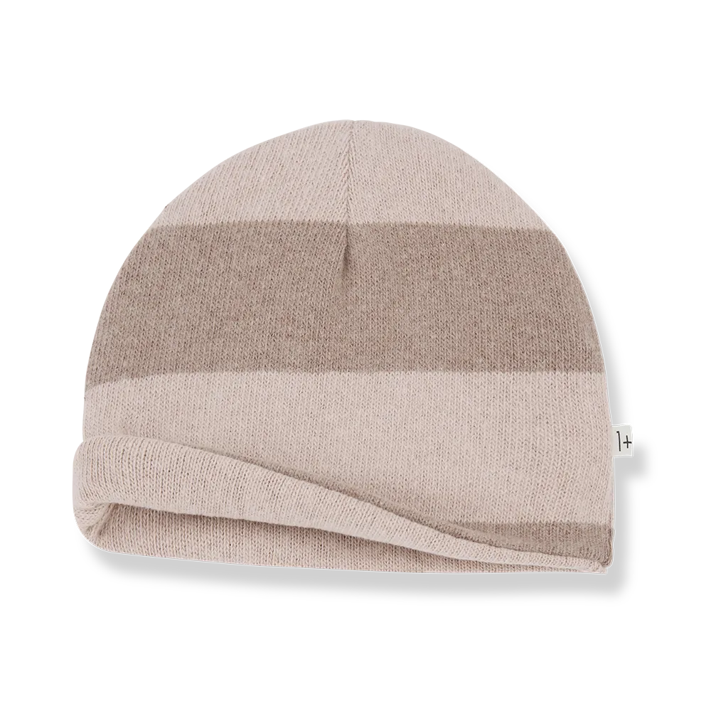 Wende-Mütze für Babys aus Baumwoll-Fleece im Blockstreifen-Muster hellrosa beige