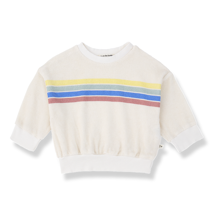 cremeweißes Frottee-Sweatshirt für Babys aus Baumwollgemisch mit vier bunten Querstreifen auf Höhe der Brust, mit gerippten Bündchen, Produktbild, Ansicht von vorne