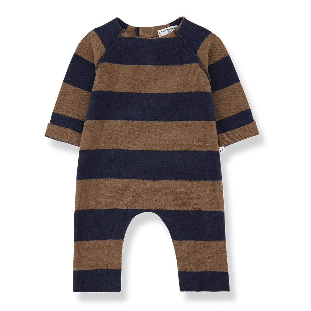 Jumpsuit für Babys aus Baumwoll-Fleece im Blockstreifen-Muster dunkelblau kastanienbraun mit Druckknöpfen an den Beinen