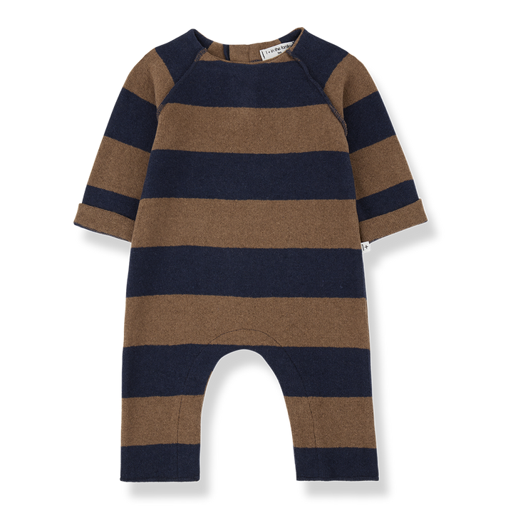 Jumpsuit für Babys aus Baumwoll-Fleece im Blockstreifen-Muster dunkelblau kastanienbraun mit Druckknöpfen an den Beinen