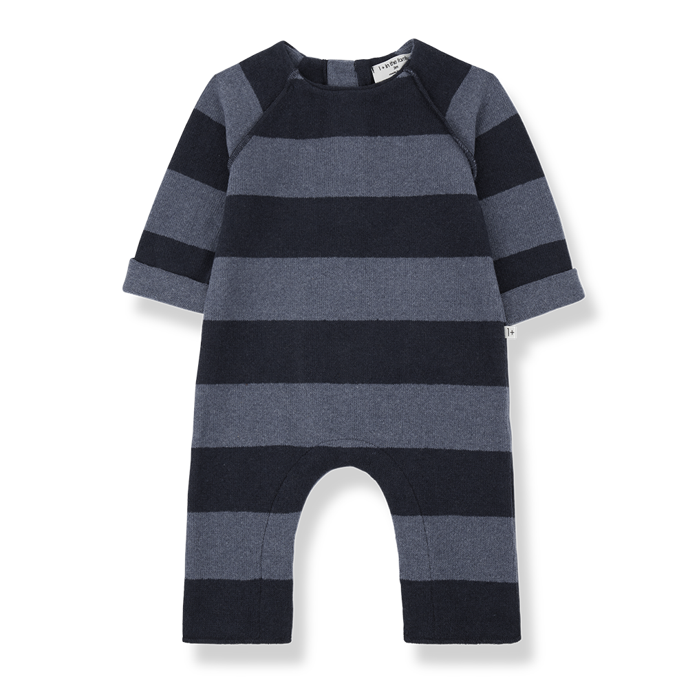 Jumpsuit für Babys aus Baumwoll-Fleece im Blockstreifen-Muster hellblau dunkelblau mit Druckknöpfen an den Beinen