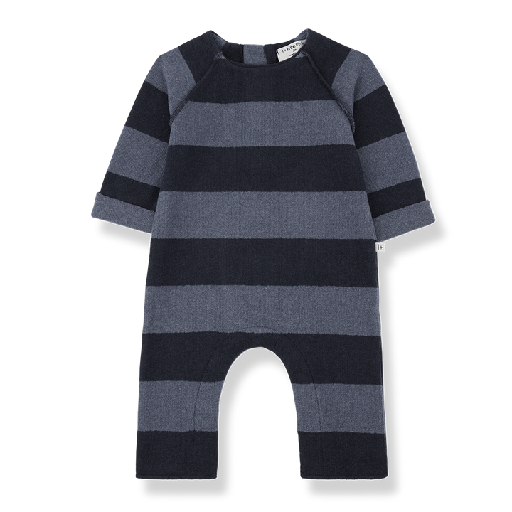 Jumpsuit für Babys aus Baumwoll-Fleece im Blockstreifen-Muster hellblau dunkelblau mit Druckknöpfen an den Beinen