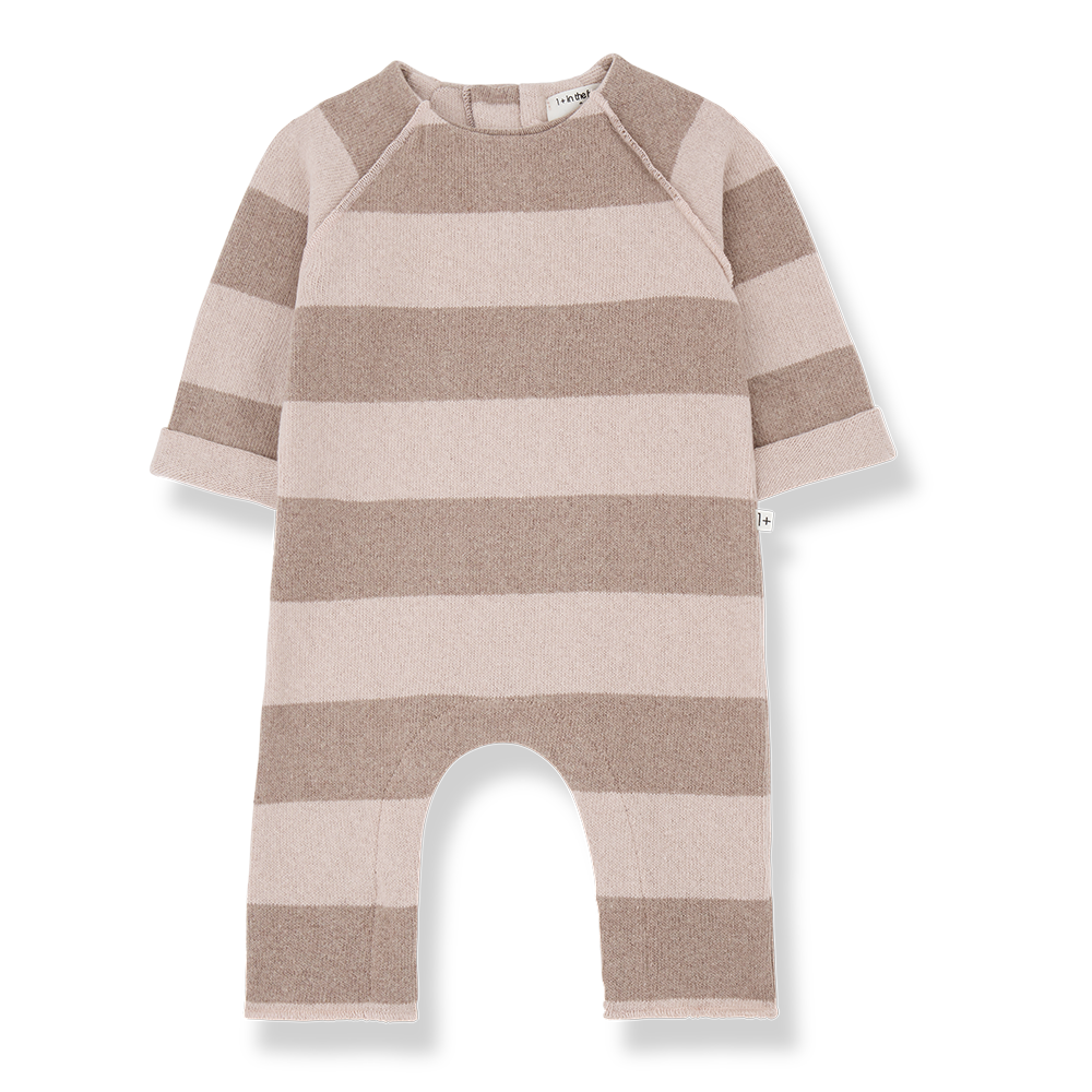 Jumpsuit für Babys aus Baumwoll-Fleece im Blockstreifen-Muster in hellrosa und beige mit Druckknöpfen an den Beinen