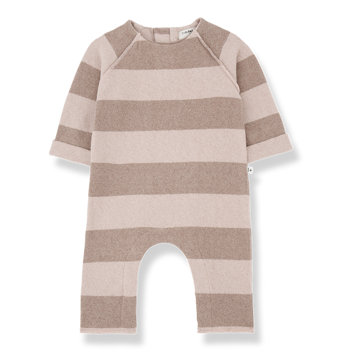 Jumpsuit für Babys aus Baumwoll-Fleece im Blockstreifen-Muster in hellrosa und beige mit Druckknöpfen an den Beinen