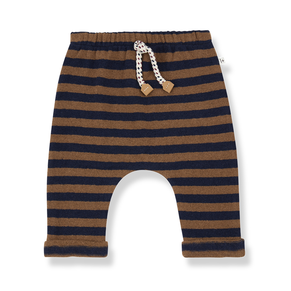 Hose für Jungen aus Baumwoll-Fleece mit Gummibund im Blockstreifen-Muster kastanienbraun und dunkelblau