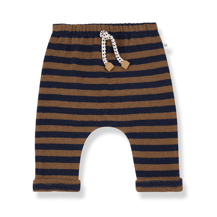 Hose für Jungen aus Baumwoll-Fleece mit Gummibund im Blockstreifen-Muster kastanienbraun und dunkelblau