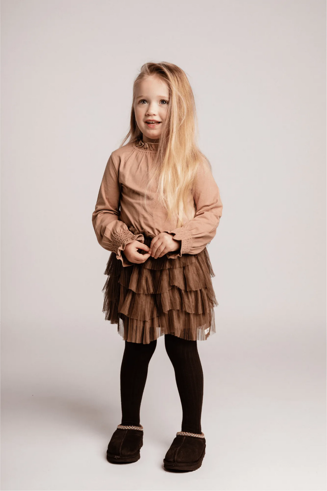 Langarmshirt Rüschenkragen rosa beige Baumwolle Modal