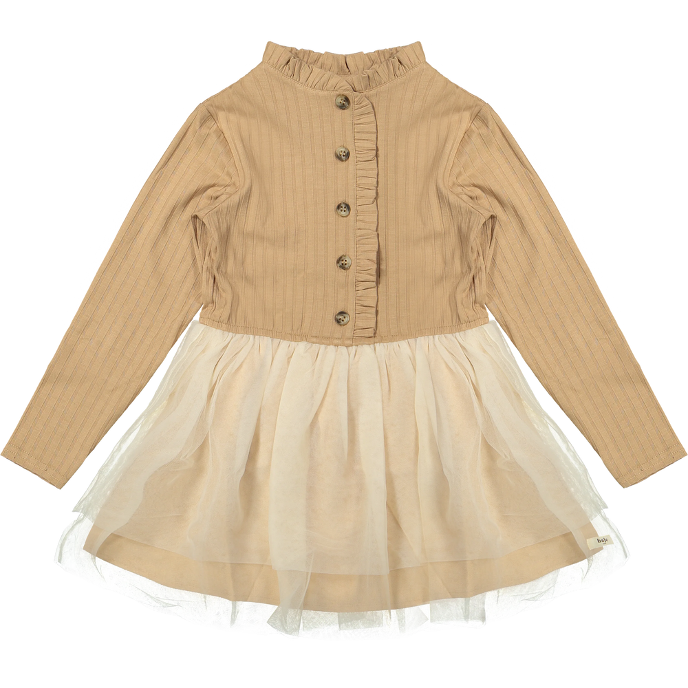 beigefarbenes Kleid aus Baumwolle mit gerüschtem Stehkragen und Knopfleiste, langem Arm und Tüllrock