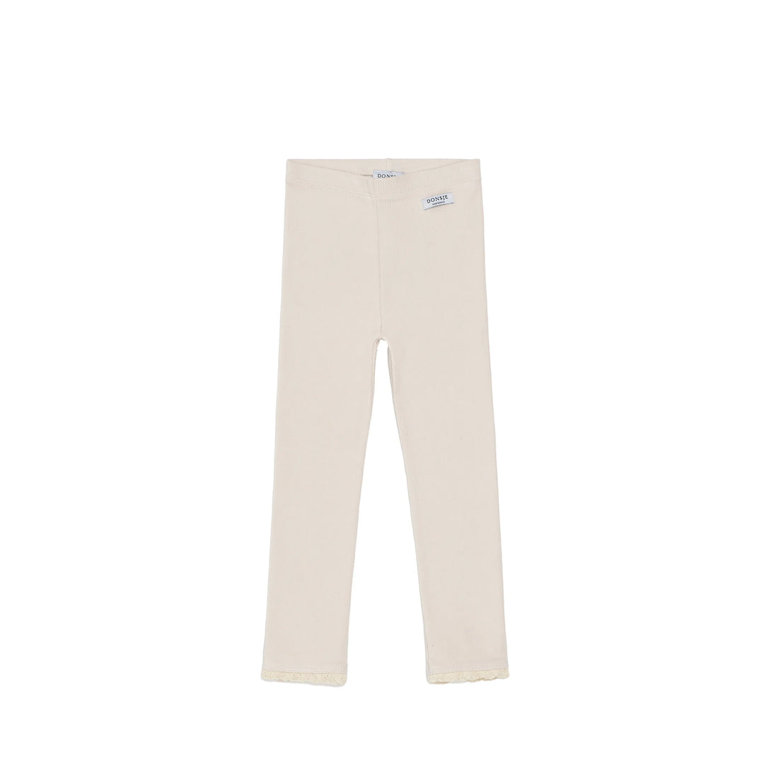 Leggings für Mädchen aus Bio-Baumwolle in hellrosa mit gerippter Struktur und Spitze am Saum