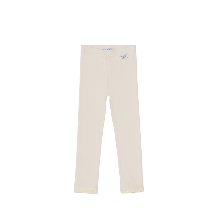 Leggings für Mädchen aus Bio-Baumwolle in hellrosa mit gerippter Struktur und Spitze am Saum