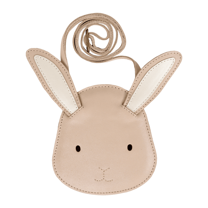 Umhängetasche für Mädchen aus rosafarbenem, schimmerndem Leder in Form eines Hasengesichts mit Schulterriemen
