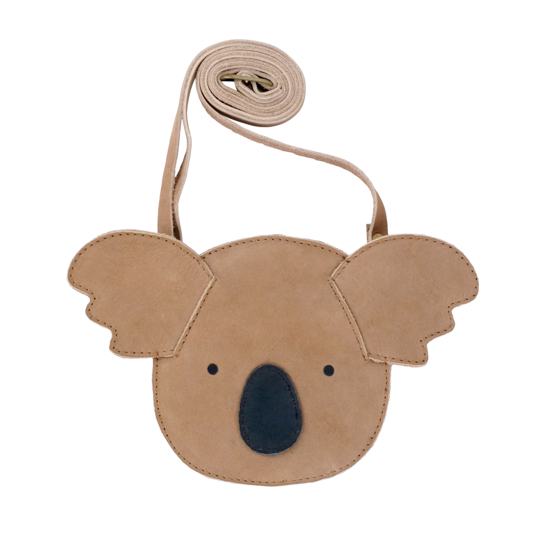 Handtasche für Kinder aus hellbraunem Leder in Form eines Koala-Gesichts mit Schulterriemen