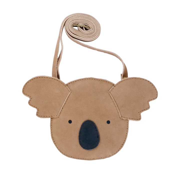 Handtasche für Kinder aus hellbraunem Leder in Form eines Koala-Gesichts mit Schulterriemen
