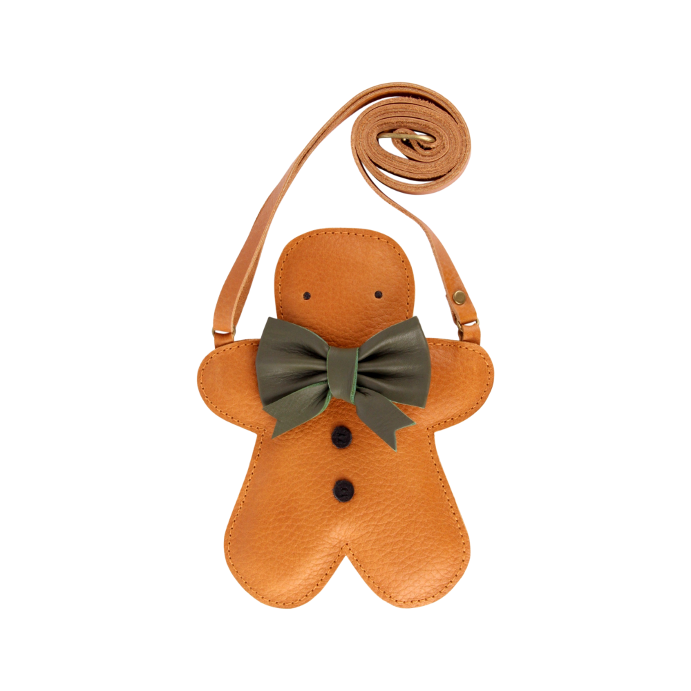 Handtasche für Kinder aus hellbraunem Leder in Form eines Lebkuchenmannes