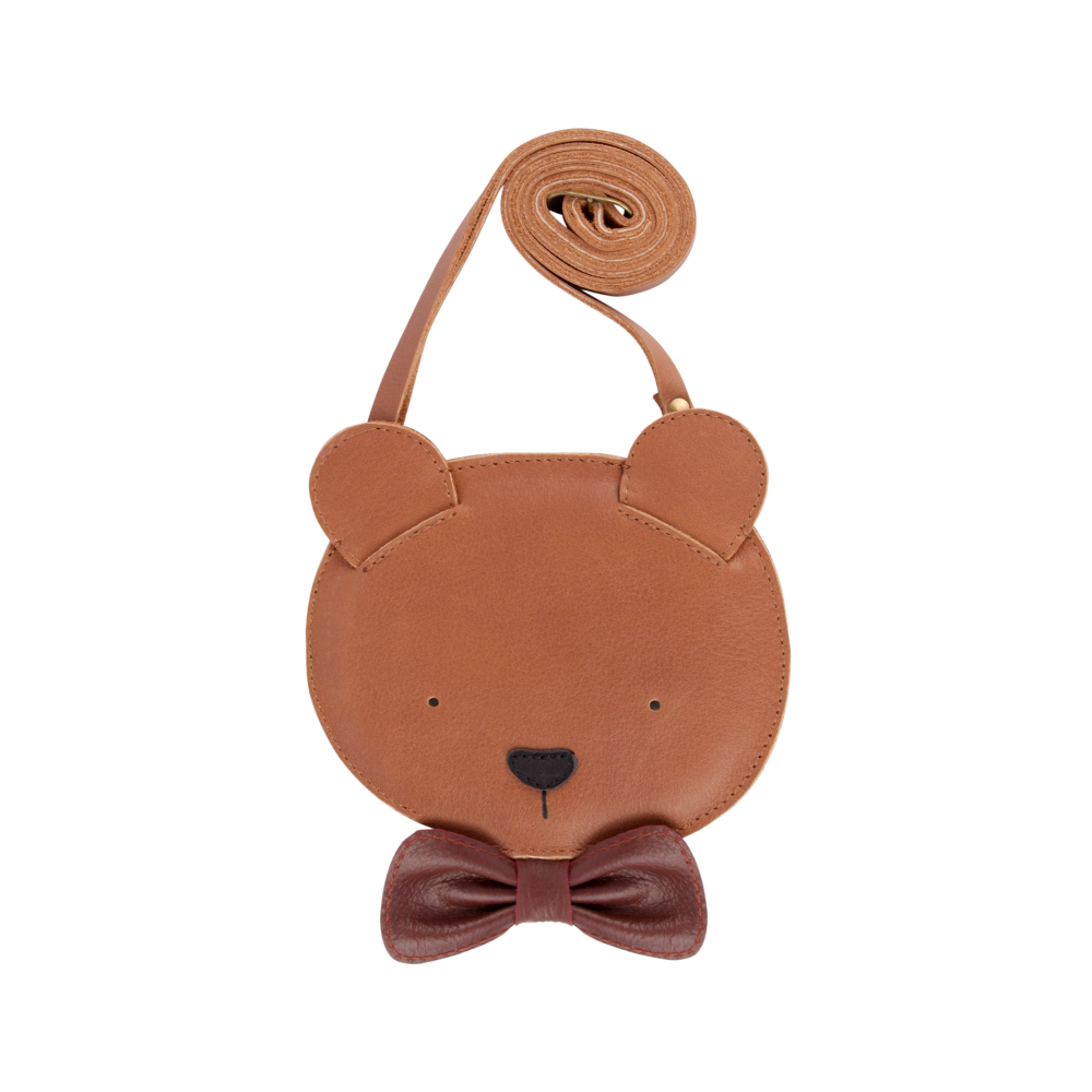 Handtasche für Kinder aus braunem Leder in Form eines Teddygesichts mit dunkelroter Fliege