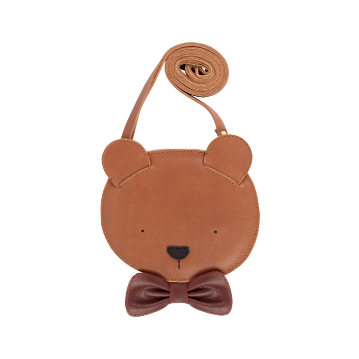 Handtasche für Kinder aus braunem Leder in Form eines Teddygesichts mit dunkelroter Fliege